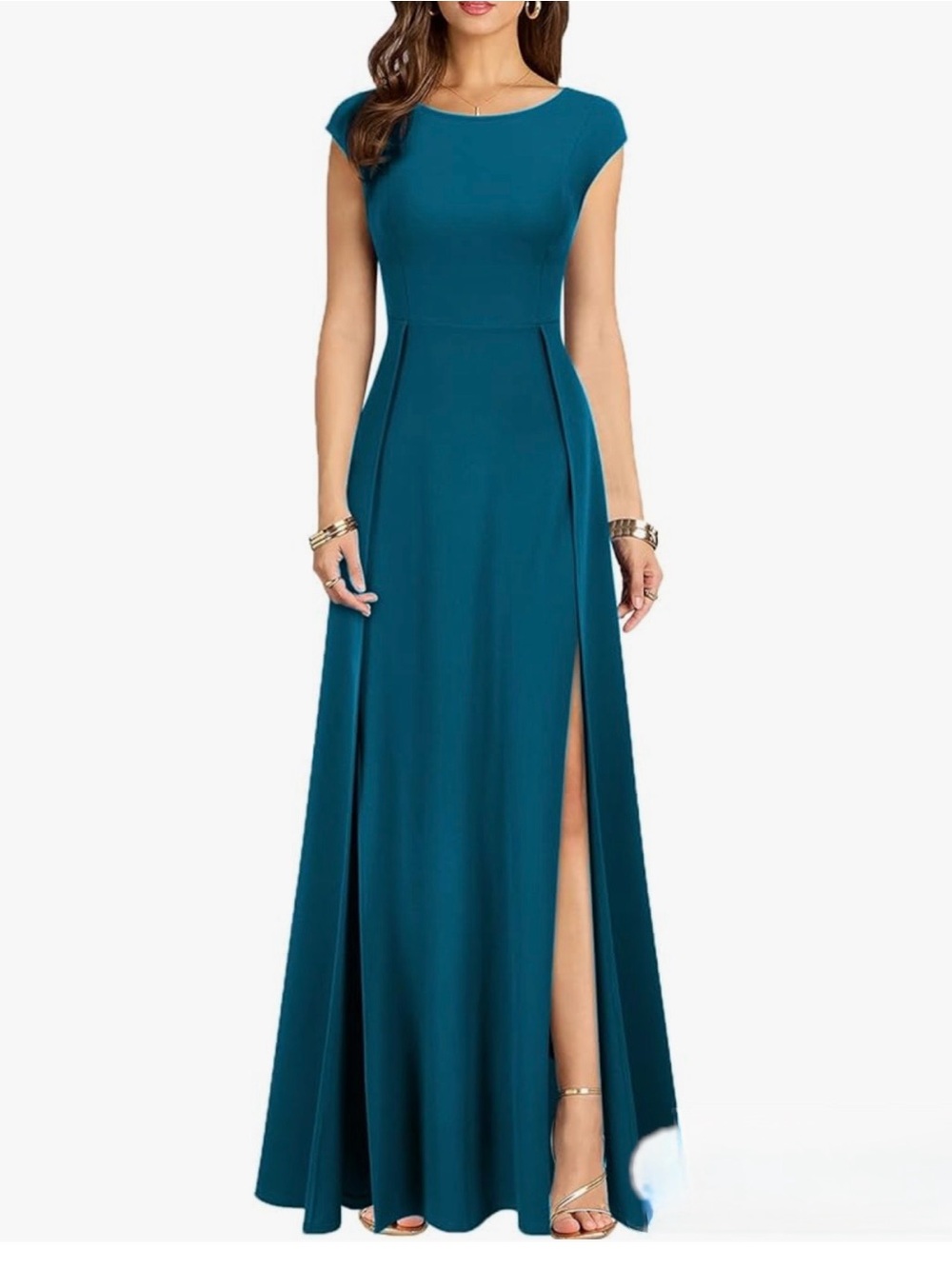 Amazon Teal Cap-Sleeve Maxi Dress with Side Slits